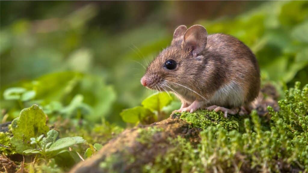 A Close-Up Of A Deer Mouse Sitting On Green Moss With A Blurred Leafy Background.