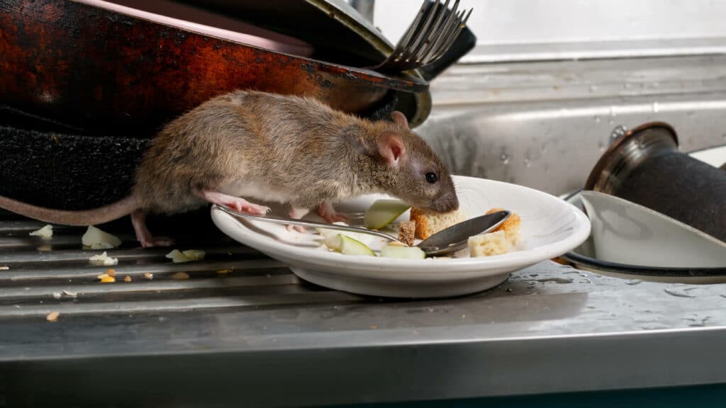 A Close-Up Of A Norway Rat Eating Food Scraps From A Dirty Plate In A Cluttered Kitchen Sink.